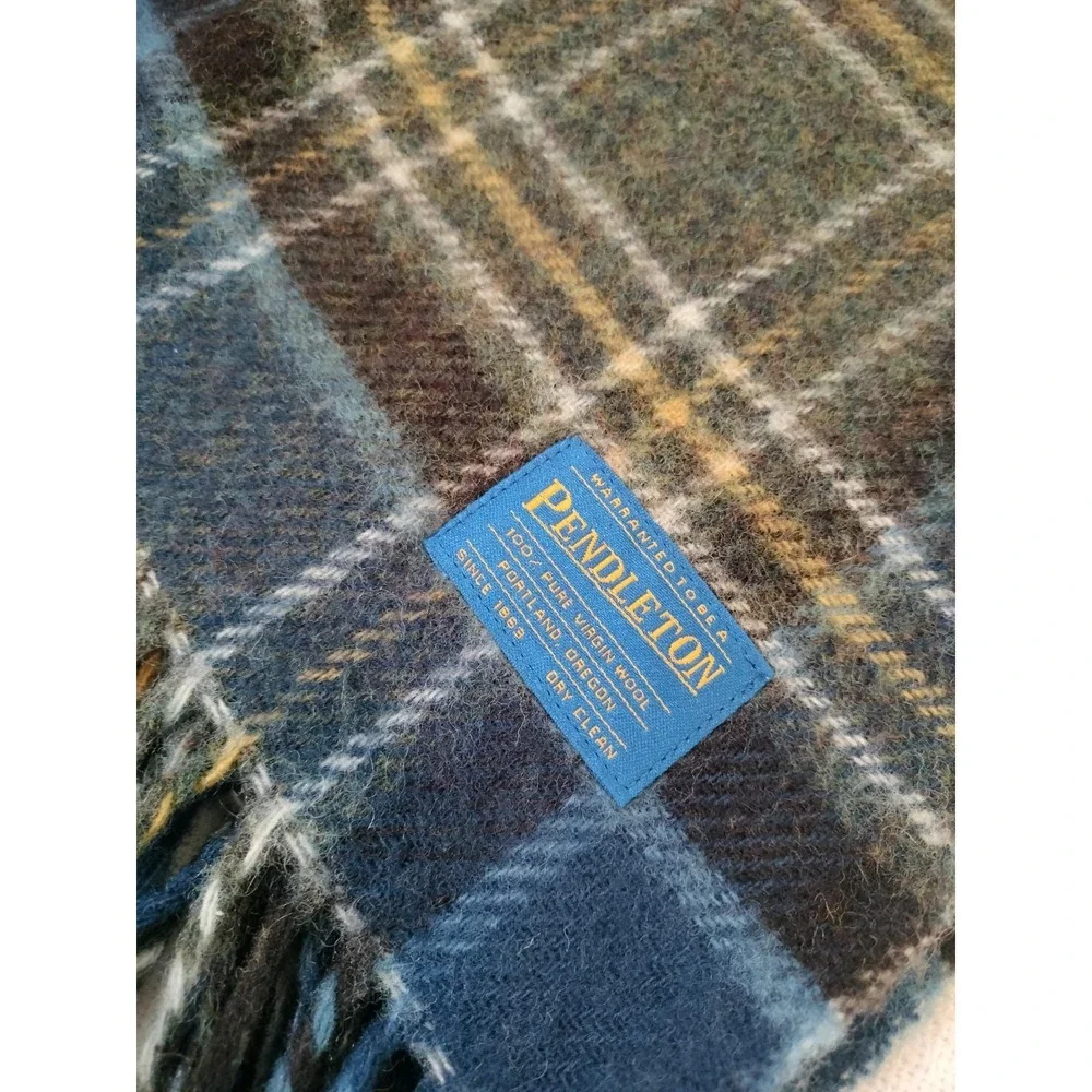Pendleton 100% Pure Virgin Wool Throw Blanket Blue Green Plaid Tartan Fringe
